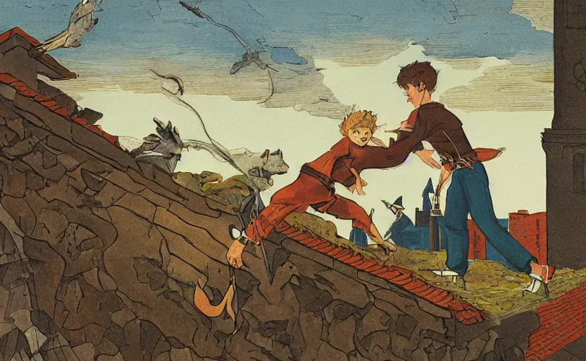 Image similar to a boy fighting a wolf on the edge of a clocktower, by moebious gouache, print