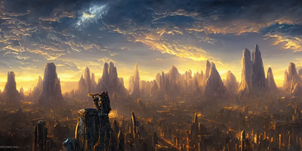 Image similar to fantasy oil painting, ultra futuristic, megalithic buildings, looming, billboards, advertisements, small buildings, warm lighting, street view, daytime, silhouetted figure standing overlooking the city, distant mountains, bright clouds, luminous sky, cinematic lighting, michael cheval, michael whelan, artstation, oil painting, vray, 8 k hd