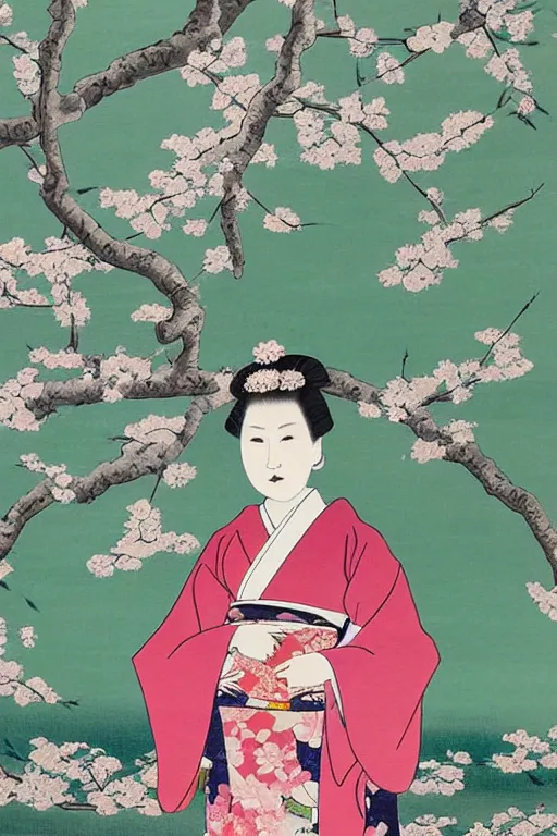 Prompt: a japanese queen portrait wearing a kimono in the art style of japan, with cherry blossom trees in the background, incredibly detailed and beautiful painting