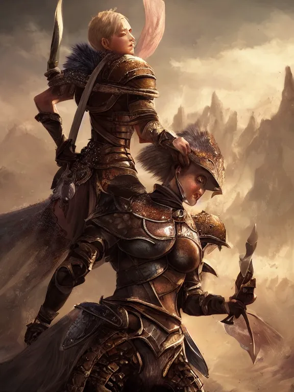 Prompt: a beautiful hyper realistic detailed epic concept art showing a noble knight women with her fist up and her spirit raccoon gradian above her, in the style of dragon age, featured on artstation