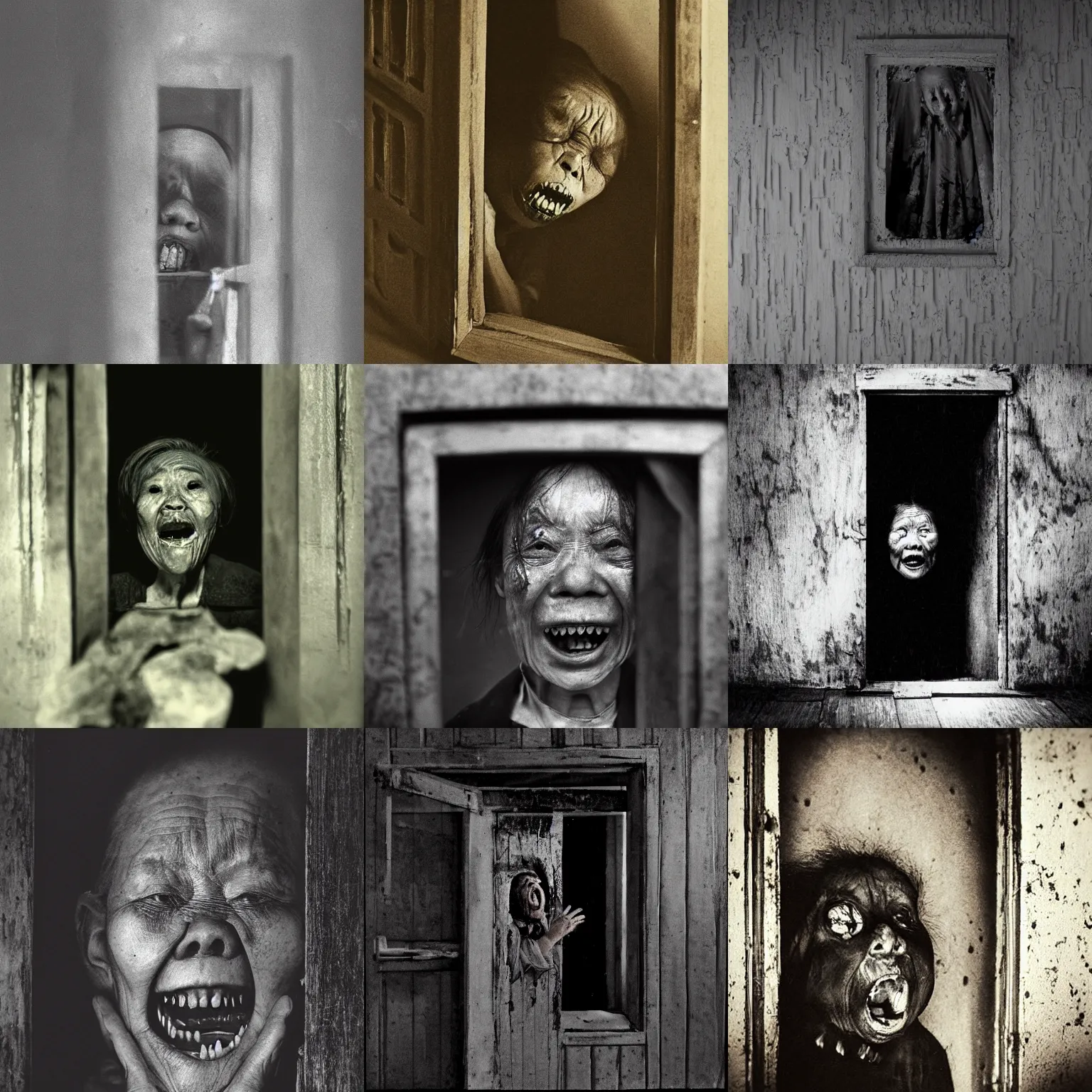 Prompt: portrait of a creepy old asian lady screaming creeping out of a door looking in a mirror melting, morbid, macabre, dark lighting, decay teeth, black and white gainy film, 1 6 mm film vignette, matte painting by maxim verehin