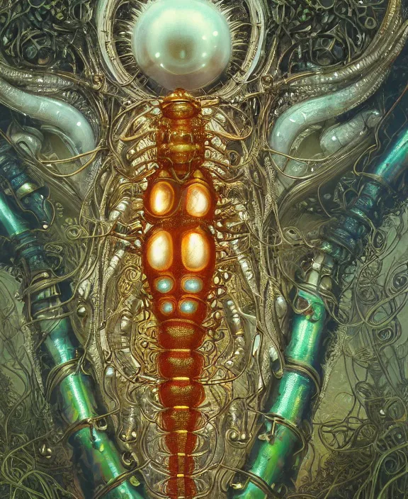 Image similar to intricate ornate opulent transparent clear see - through portrait of a terrifying male alien centipede robot, mottled coloring, adorable, childlike, overgrown biopunk jungle environment, ultra realistic, concept art, art nouveau, photorealistic, octane render, 8 k, unreal engine. art by christopher marley and artgerm and greg rutkowski and alphonse mucha