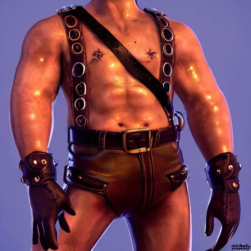 Prompt: 3 5 mm photo of popeye the sailor man wearing leather gear in the style of tom of finland, hairy chest, full body, ultra high detailed, glowing lights, oil painting, unreal 5, daz, hyperrealistic, octane render, rpg portrait, dynamic lighting, fantasy art, beautiful face