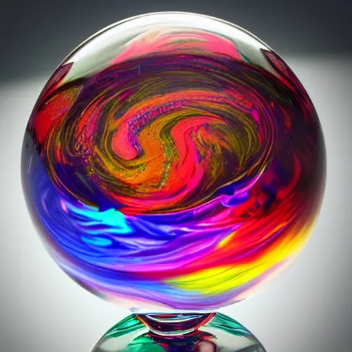 Prompt: A glass sphere 🔮 half-filled with swirling 🌀 multicolored 🌈 liquid 💦