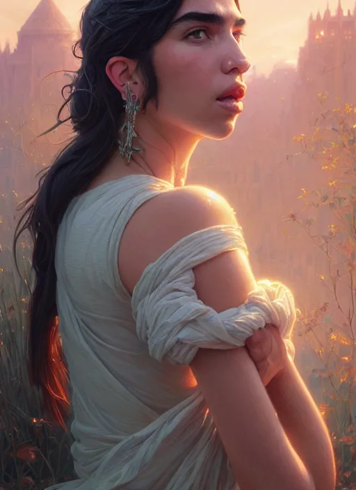 Image similar to Highly detailed portrait of Dua lipa, Stephen Bliss, unreal engine, fantasy art by Greg Rutkowski, Loish, Rhads, ferdinand knab, Makoto Shinkai and Lois van baarle, ilya kuvshinov, rossdraws, Tom Bagshaw, alphonse mucha, global illumination, radiant light, detailed and intricate environment
