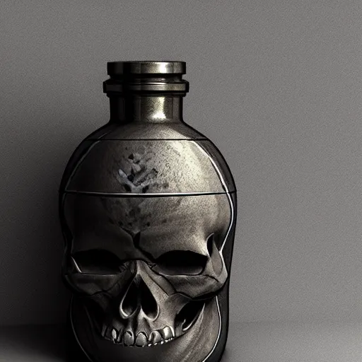 Image similar to ancient flask contains life and death essence, skull cap, raytracing, 3d rendering, octane render