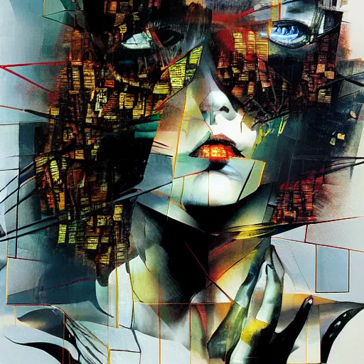 Image similar to she is burning her digital past with glitched flames made of bits, oil on canvas by dave mckean and yoji shinkawa