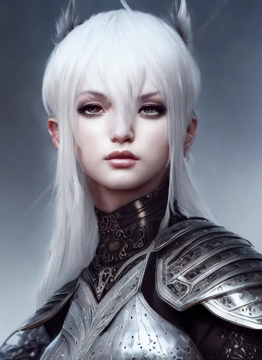 Image similar to warrior, fur leather armor!!! beautiful and elegant white hair female!! gorgeous ayes!! character concept art, sharp focus, octane render! unreal engine 5! highly rendered!! trending on artstation!! detailed linework!! illustration by artgerm, wlop, and chie yoshii