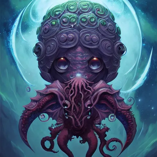 Prompt: an cosmic horror lithograph of chibi cthulhu, by stanley artgerm lau, wlop, rossdraws, james jean, andrei riabovitchev, marc simonetti, and sakimichan, tranding on artstation