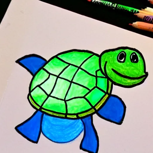 Prompt: a child's drawing of a turtle holding a receipt that says NFT! on it