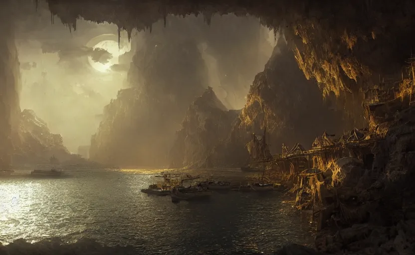 Prompt: A secret pirate town and harbor, in a cave. Underexposed, dark, centered. Atmospheric matte painting by Darek Zabrocki and Emmanuel Shiu, 4k ultra detailed, cinematic.