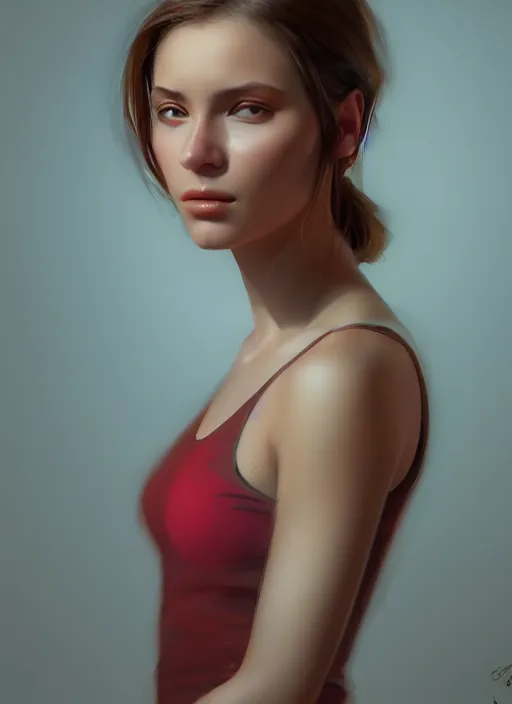 Image similar to portrait of a gorgeous young woman in the style of stefan kostic, artstation, concept art, realistic photo, 8k high definition