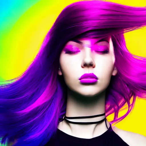 Image similar to a award winning action upper body portrait of a beautiful woman with a ombre purple pink hairstyle with head in motion and hair flying, choker, outrun, vaporware, vivid colors, highly detailed, fine detail, intricate