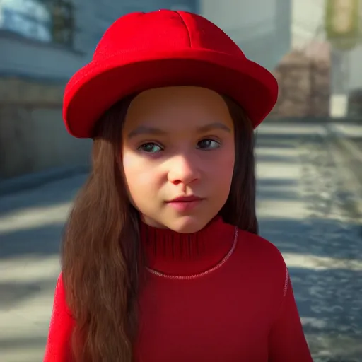 Image similar to a beautiful little girl in red hat rendered as an unreal engine