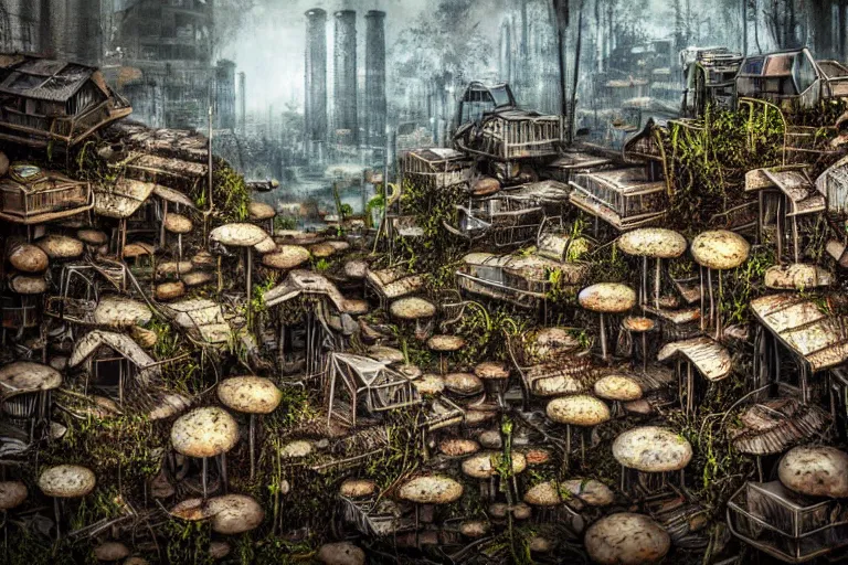 Prompt: favela fungus beehive, wooded environment, industrial factory, apocalyptic, award winning art, epic dreamlike fantasy landscape, ultra realistic,