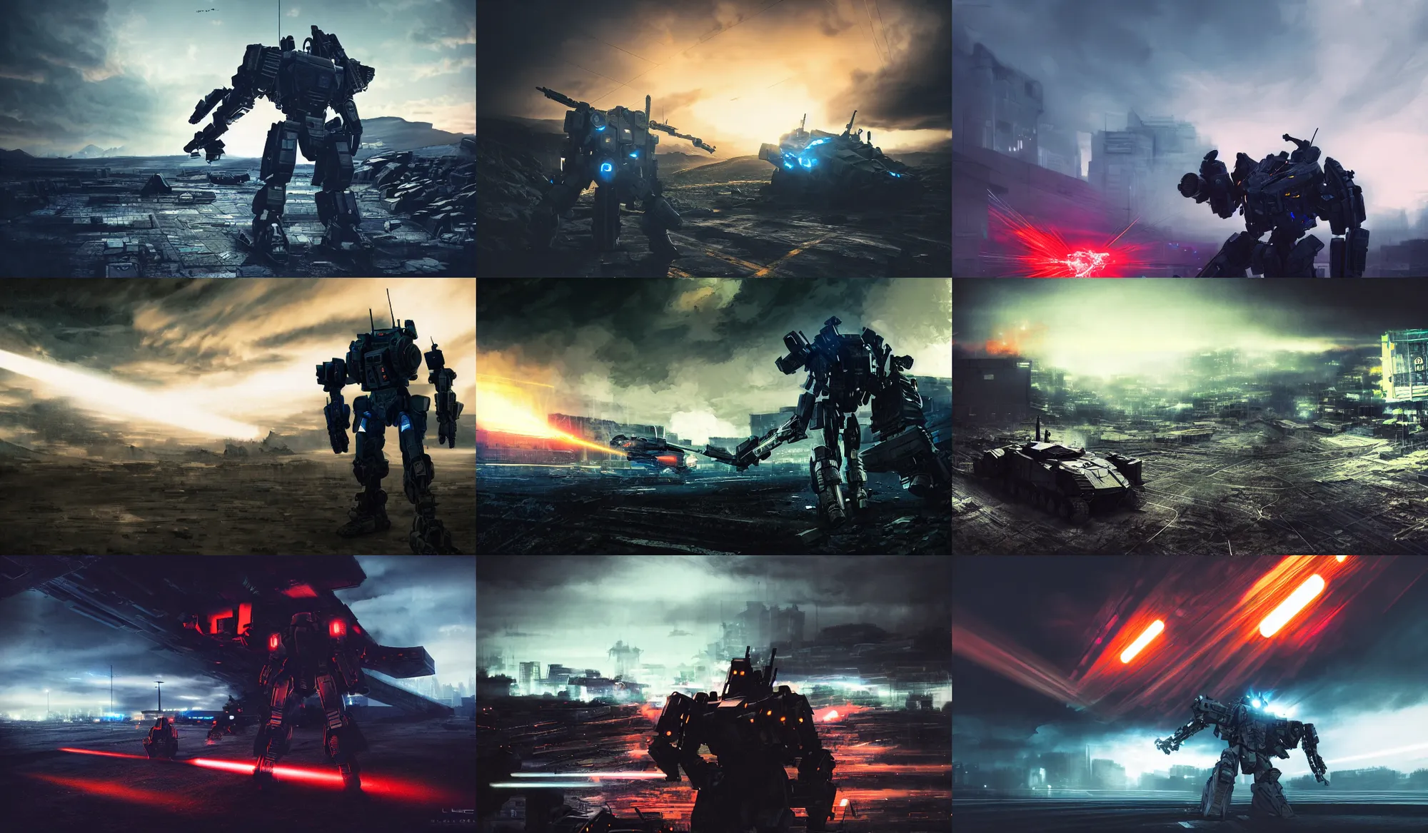 Image similar to an armored core v by liam wong, booster flares, legs, laser rifles, karst landscape, outdoor, dark blue sky, cloud, wilderness ground, golden time, twilight ; wide shot, digital painting, photoreal, cinematic contrast, dynamic backlighting, sharp edge, motion blur