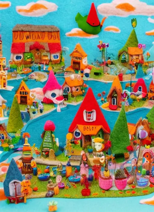 Prompt: cute vibrant felt town with happy gnome villagers