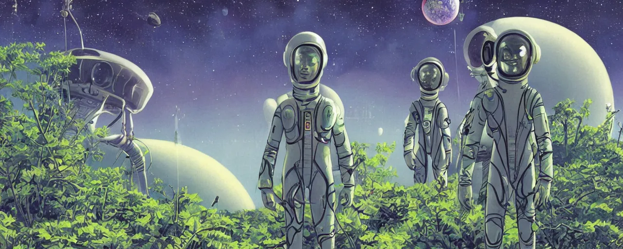 Prompt: a portrait of pilot aliens in spacesuit on field forrest spaceship station landing laying lake artillery outer worlds in FANTASTIC PLANET La planète sauvage animation by René Laloux