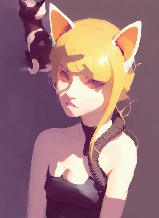 Image similar to portrait of cute catgirl with cat ears, by atey ghailan, by greg rutkowski, by greg tocchini, by james gilleard, by joe gb fenton, by in kaethe butcher, dynamic lighting, gradient light yellow, brown, blonde cream and white color in scheme, grunge aesthetic