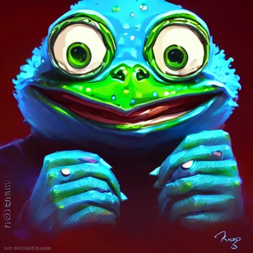 Image similar to super rich happy pepe, luxury, blue crystals, greg rutkowski