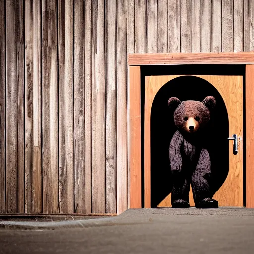 Image similar to dark photograph of a small bear mascot walking through a large wooden doorway