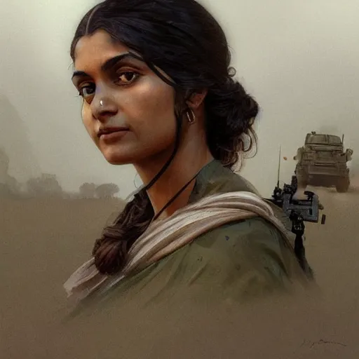 Image similar to A pale young indian woman driving a Humvee from Battlefield 2042, very detailed face, gorgeous, beautiful, intricate, highly detailed, digital painting, artstation, concept art, sharp focus, illustration, art by greg rutkowski and alphonse mucha