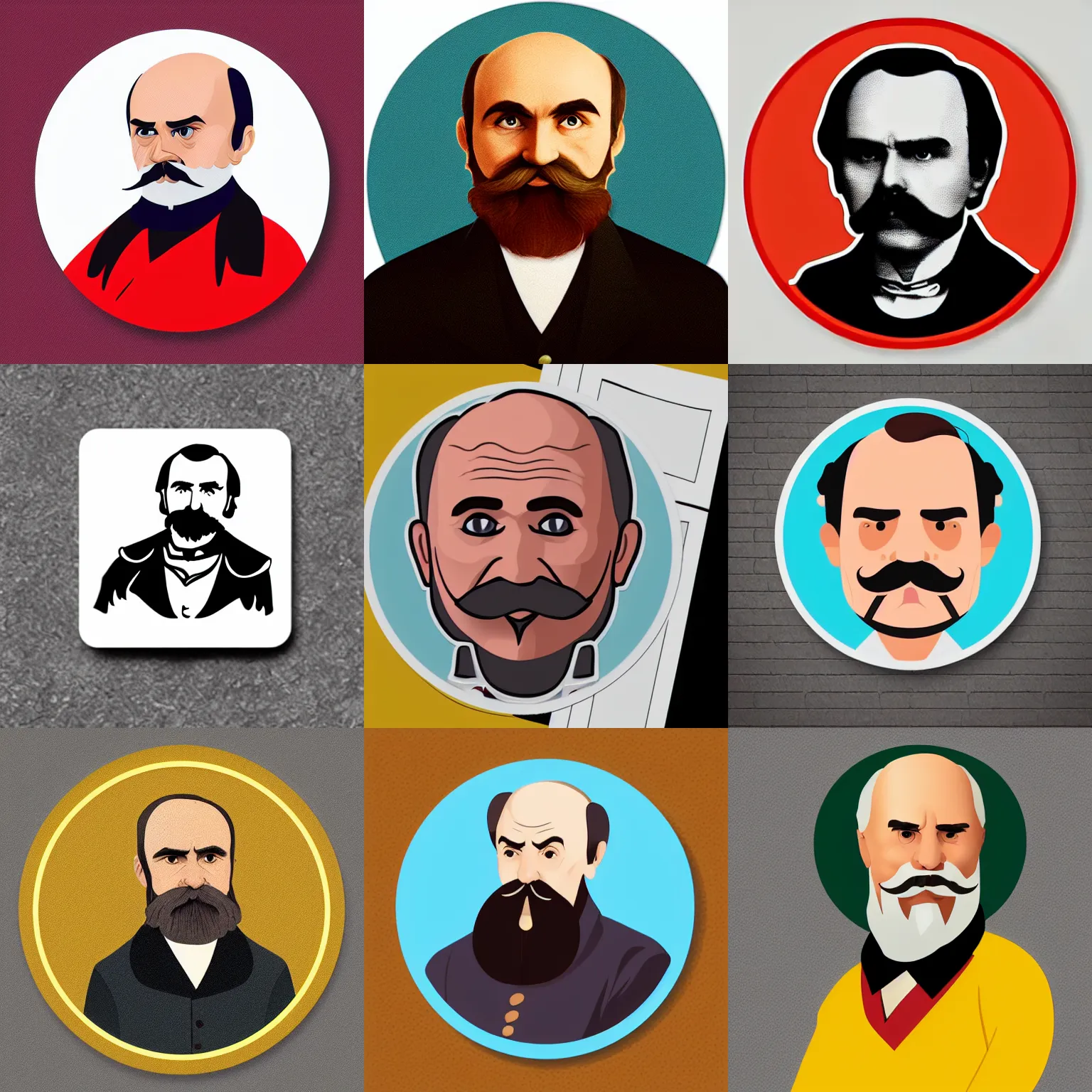 Prompt: circular sticker: Taras Shevchenko, he's old and balding, has long moustache but no beard, is in the style of 2D Disney, simple flat design based on real photographs