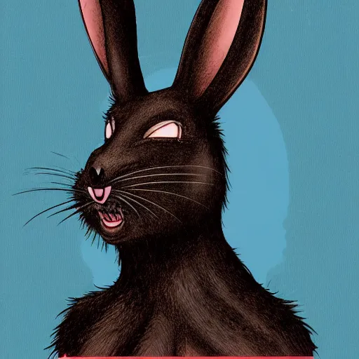 Image similar to A extremely highly detailed majestic hi-res beautiful, highly detailed head and shoulders portrait of a scary terrifying, horrifying, creepy black cartoon rabbit with scary big eyes, earing a shirt laughing, hey buddy, let's be friends, in the style of Walt Disney