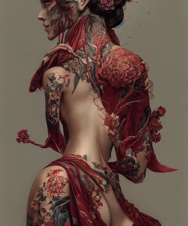 Image similar to ultra realistic illustration, beautiful woman dressed in a crimson kimono, backview, tattoos, in the style of peter mohrbacher by weta digital and beth cavener, high face symmetry, intricate, masterpiece, award winning, high face symmetry, intricate