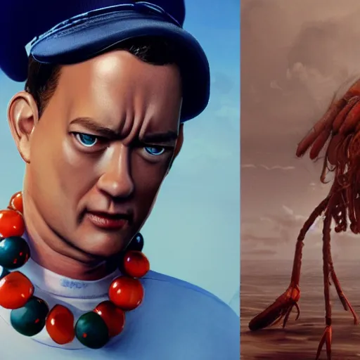 Prompt: a giant shrimp around the neck of tom hanks as forrest gump, photorealistic, cgsociety, artstation