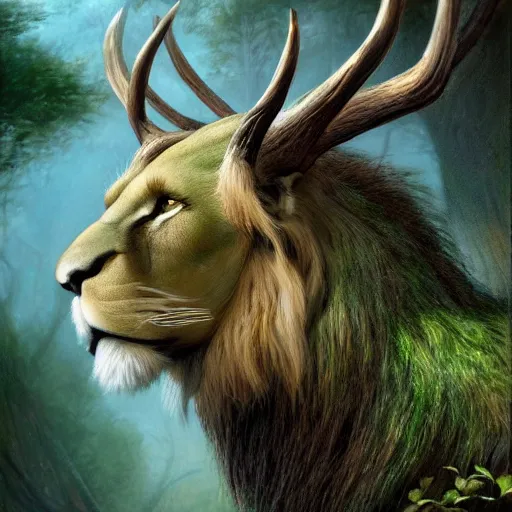 Prompt: green lion, deer antlers hybrid fantasy illustration, digital art, max details, hyper realistic, 8 k resolution, intricate, elegant, highly detailed, digital painting, artstation, concept art, matte, sharp focus, illustration, by james gurney, graeme base, brian froud, alan lee