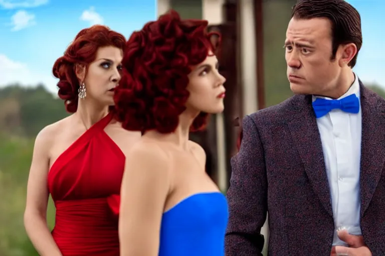 Image similar to full body film still of a man longingly looking at a far away woman in a red dress as a woman in a blue dress looks disgusted at the man in the new romance comedy movie, dramatic angle, dramatic lighting