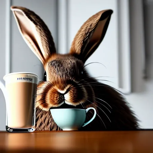 Image similar to hyperrealistic detailed medium shot low angle image, deep depth of field of fluffy brown rabbit sitting behind the table, in front of it cup of coffee with milk. small and structured. 8 k, 3 d render by roger magrini, very cohesive, masterpiece