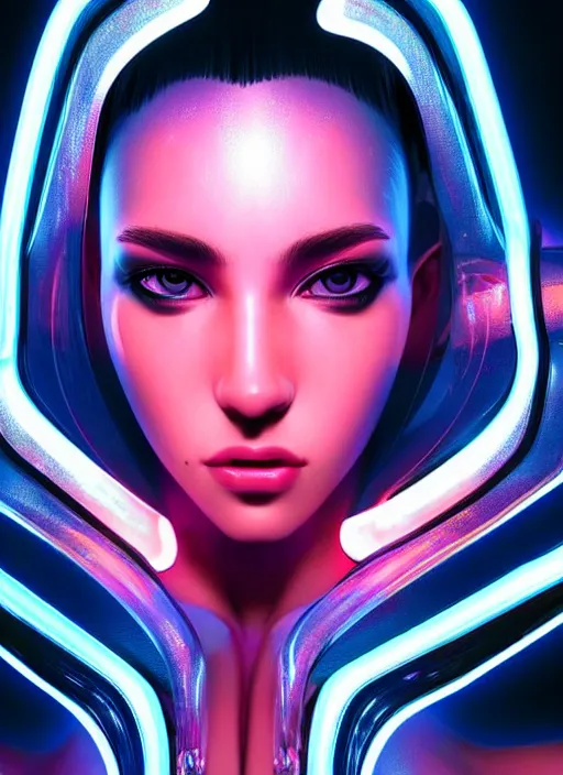 Image similar to a highly detailed long shot photo of sensual female face portrait, futurism, cyber neon lighting, detailed futuristic jewelry, futuristic glossy latex suit, profile posing, hyper photorealistic, crispy quality, digital photography, trending in pinterest, cinematic, 4 k ultra hd, art by pascal blanche, art by greg rutkowski, art by artgerm,