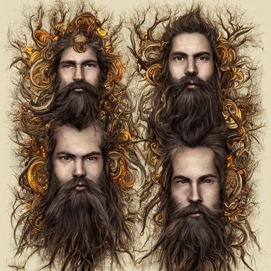 Image similar to Portrait of the Primeval Forest God, a beard Western male deity that presides over nature and brings wisdom onto the world. Headshot, insanely nice professional hair style, dramatic tribal dark hair color, colorful halo around the head, digital painting, of a old 17th century, amber jewels, baroque, ornate clothing, tribalistic sci-fi, realistic, hyper-detailed, chiaroscuro, concept art, art by Franz Hals and Jon Foster and Ayami Kojima and Amano and Karol Bak,