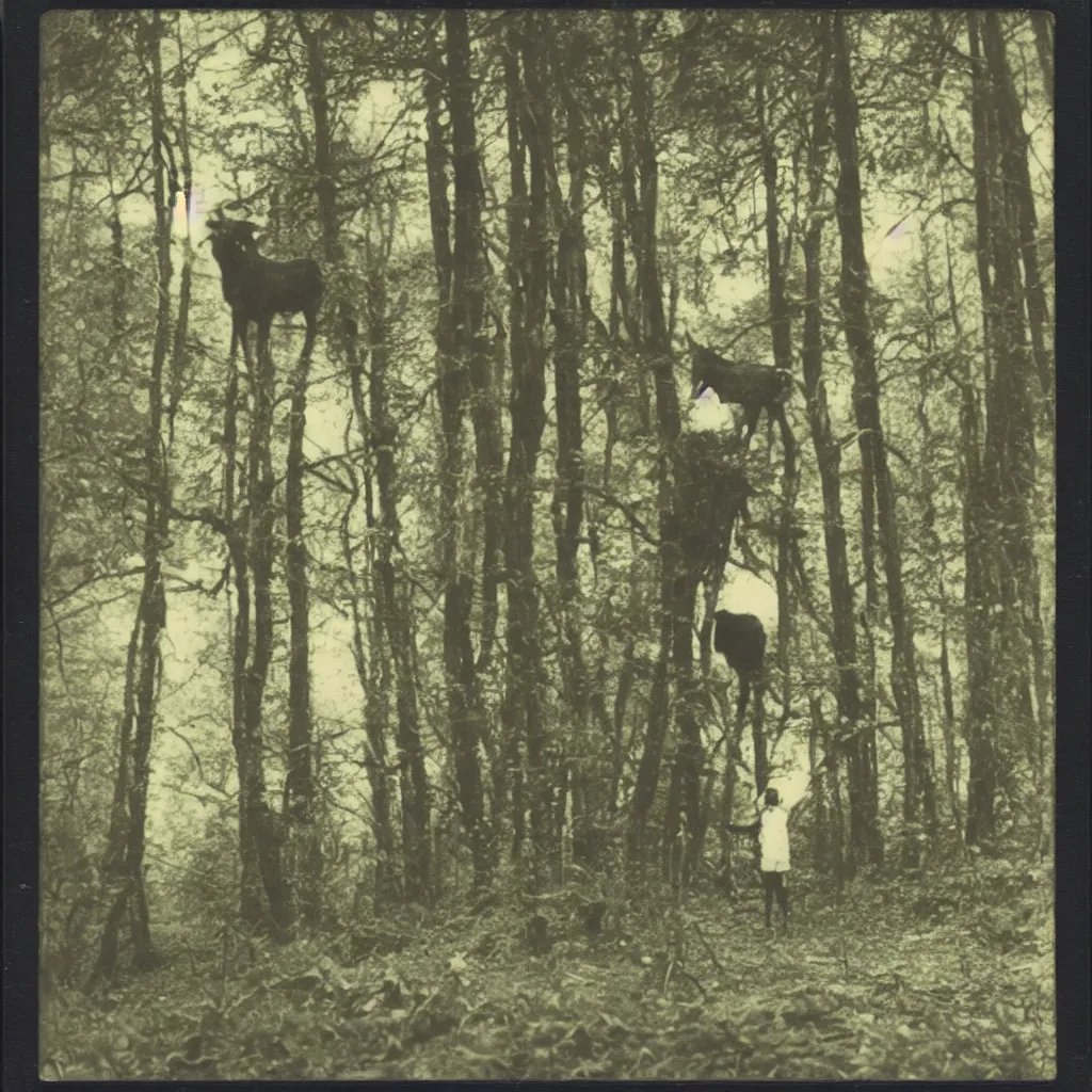 Prompt: polaroid vintage of a human goat in the forest, occult,