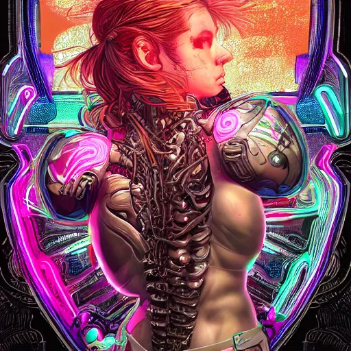 Image similar to a girl dressed in bioarmor with muscles, bones, skull, veins,biopunk, neon lights. masterpiece 4k digital illustration by katsuya terada, award winning, Artstation, art nouveau aesthetic, neon background, intricate details, realistic, panoramic view, Hyperdetailed, 8k resolution, intricate art nouveau