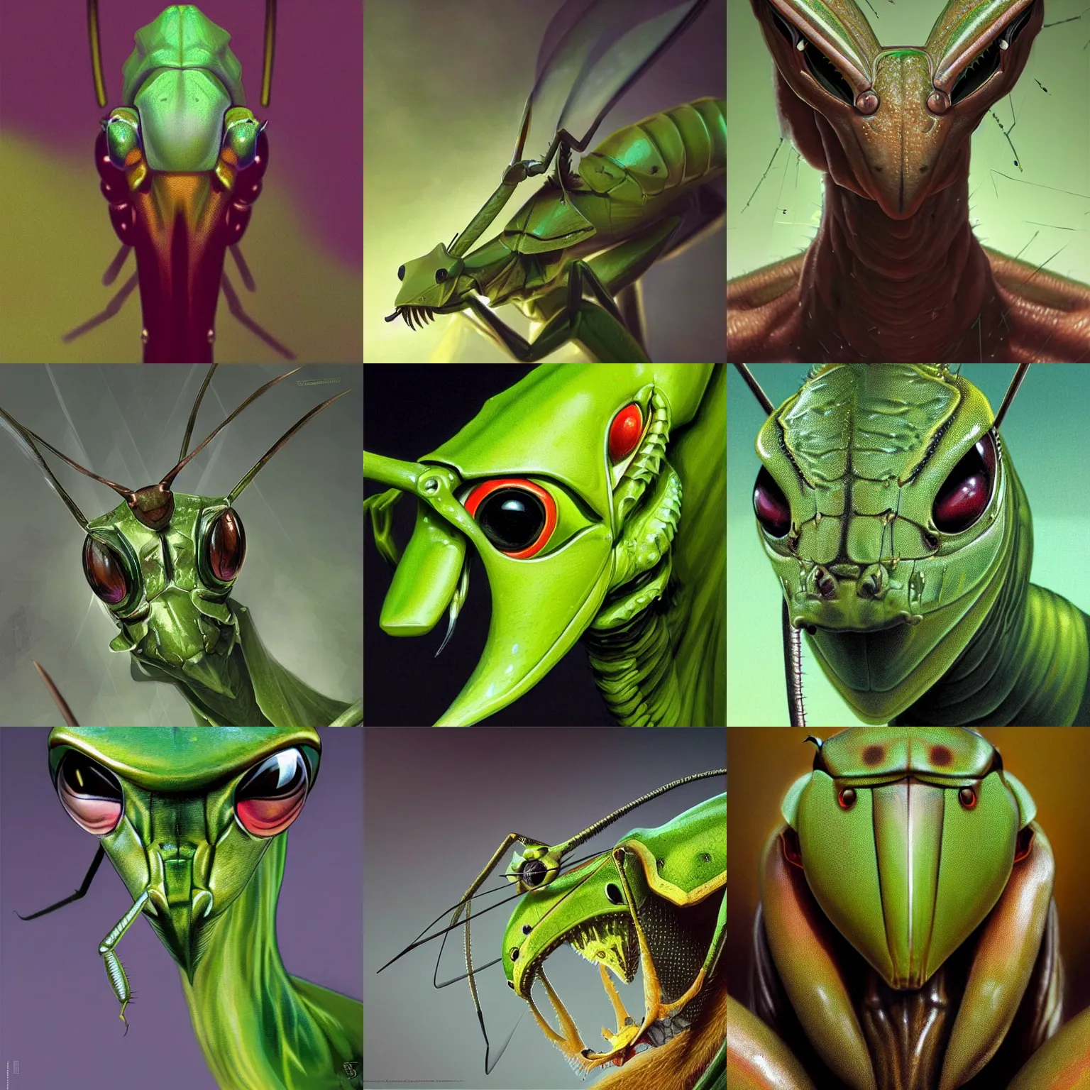 Prompt: stunning portrait of a green photorealistic mantis religiosa ; powerful front raptorial forelegs ; hard predatory look ; d & d rogue ; flat triangle - shaped head with antennae ; compound eyes ; concept art ; artstation ; 8 k ; wallpapers ; heavy contrast ; cinematic art ; cgsociety ; art by greg rutkowski
