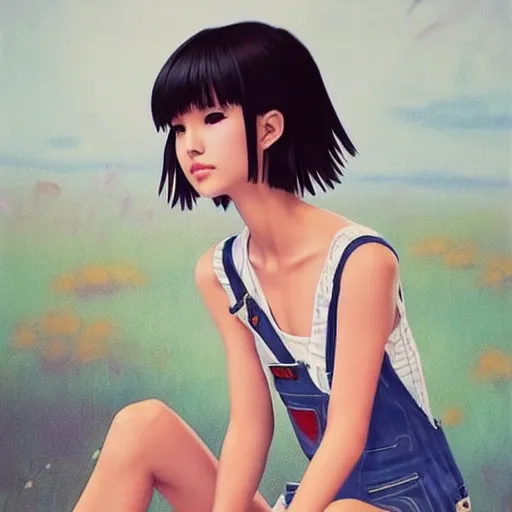 Image similar to a beautiful young japanese natalie portman alluring gravure model, wearing elegant designer overalls, elegant overalls with mesoamerican patterns, mesoamerican native street fashion, princess mononoke, by and wlop and ilya kuvshinov and artgerm and, aesthetic, gorgeous, stunning, alluring, attractive, artstation, pinterest, digital art