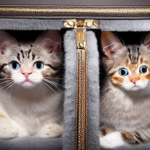 Image similar to a highly detailed photo of multiple furry cats, they are inside a big louis vuitton bag's, gray background, studio lighting, 4 k, 8 k