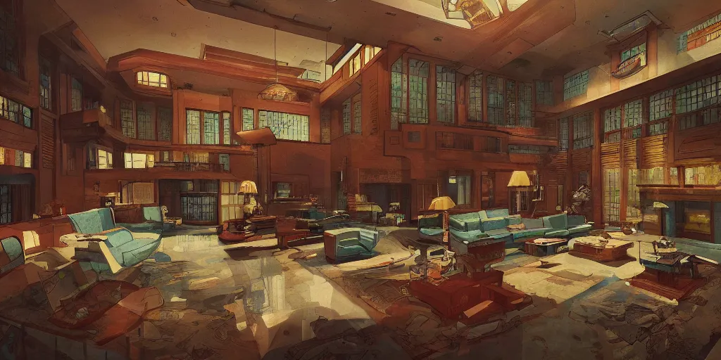 Image similar to main protagonist inside living room of insanely wealth man's frank lloyd wright style mansion in maine being hunted by shadows, game concept art, steven king, 1980s, retro, highly detailed, artstation, wide angle lens