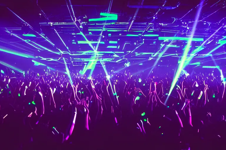 Image similar to crowd partying with their hands up at a club, volumetric lighting, glow sticks, haze, moving heads light beams, spot lights, disco ball, silhouette, digital art, trending on artstation, 4k, unreal engine, intricate, ornate