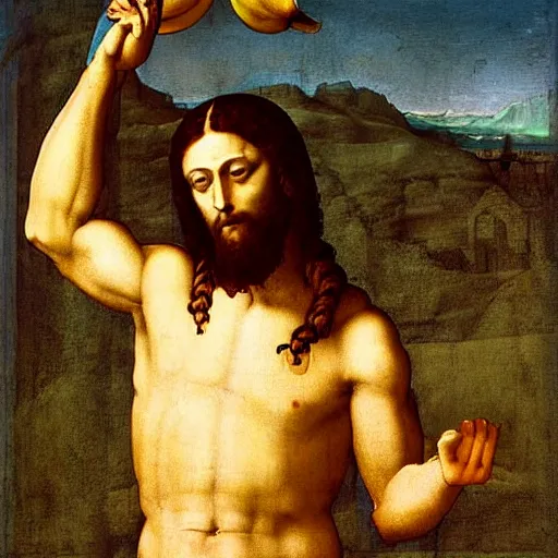 Image similar to jesus lifting a banana up into the air, digital art, emotional and powerful pose, by leonardo da vinci