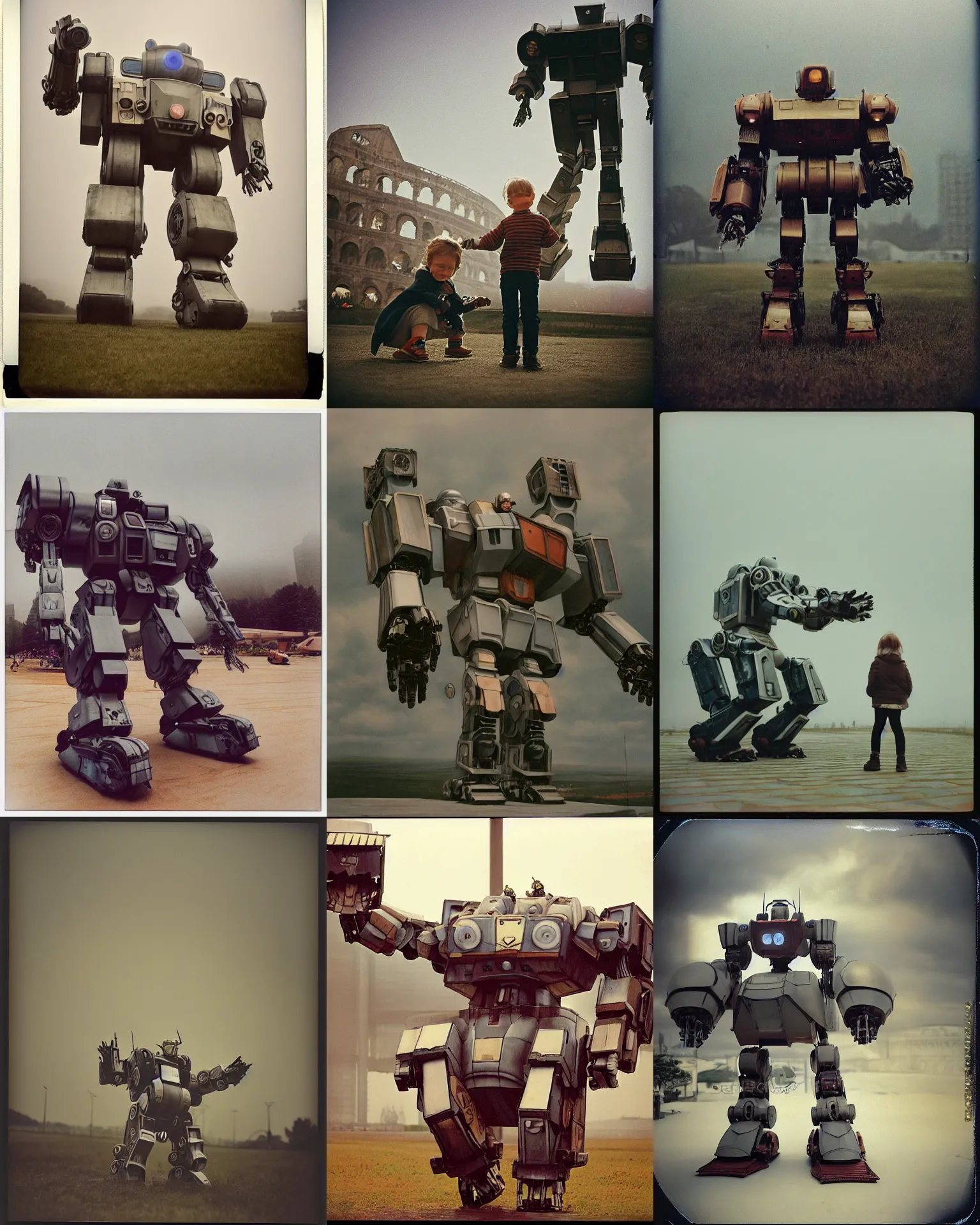 Prompt: giant oversized battle robot mech as giant baby on a collosseum , Cinematic focus, Polaroid photo, vintage, neutral colors, soft lights, foggy, by Steve Hanks, by Serov Valentin, by lisa yuskavage, by Andrei Tarkovsky