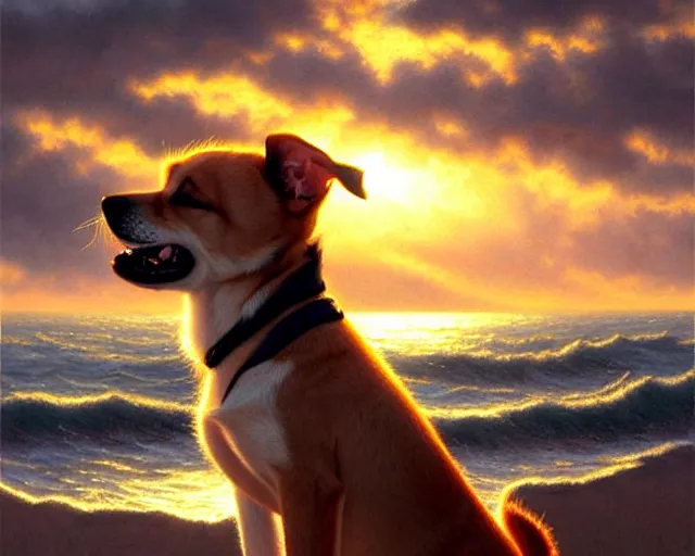 Prompt: a cute smiling puppy with its eyes shut on a very windy day, at the sea, wind blowing through the dogs fur, strong wind, closed eyes, highly detailed, hyperrealistic, intricate, sunset in the background, rays of golden red sunlight, oil painting by greg rutkowski and artgerm and wlop