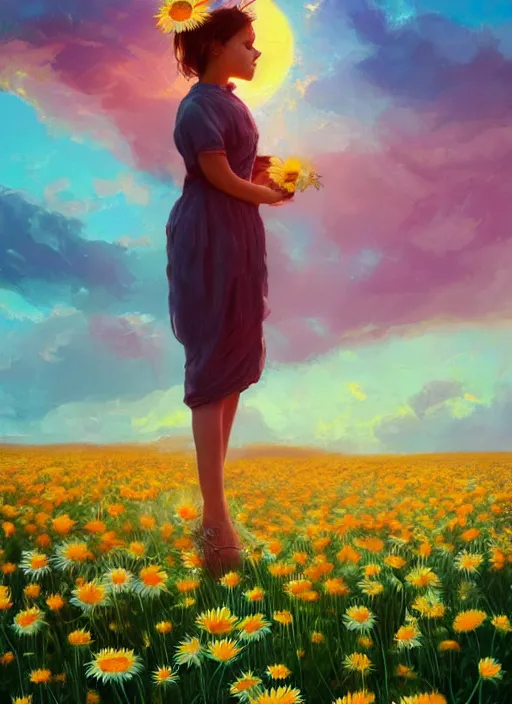 Prompt: girl face made of giant daisies, standing in a flower field, holding flowers, surreal photography, sunset dramatic light, impressionist painting, colorful clouds, large sky, digital painting, artstation, simon stalenhag