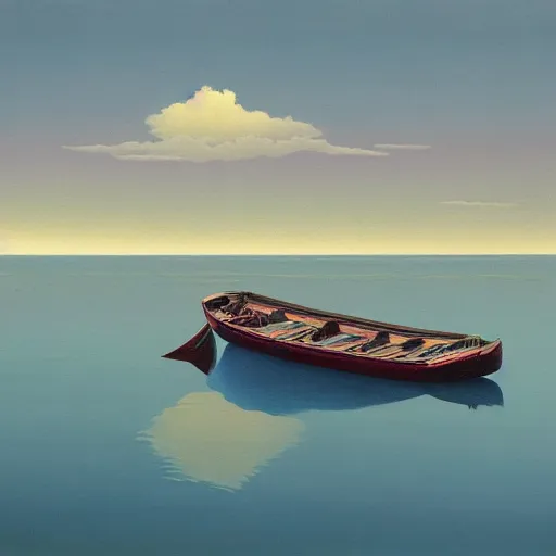 Image similar to a beautiful painting of a detailed mechanical boat floating on a great lake with clouds in the background by moebius