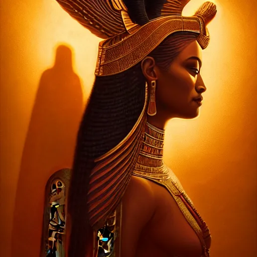 Image similar to majestic gracious regal seductive deity isis portrait, ancient egyptian, atmospheric lighting, curvy, painted, intricate, volumetric lighting, beautiful, rich deep colours masterpiece, golden hour, sharp focus, ultra detailed, by leesha hannigan, ross tran, thierry doizon, kai carpenter, ignacio fernandez rios