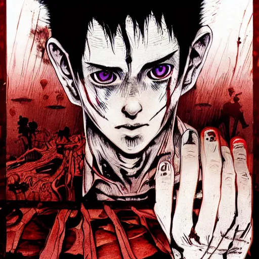 Image similar to eyes, last days of humanity lone survivor holding his guts by hands, junji ito, amano yoshitaka, 8k hd