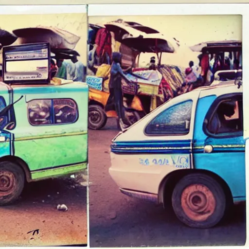 Prompt: old polaroids of futuristic african mobile market places in lagos traffic, side of taxi as fruit stand